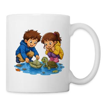 Kinder Schildkröte Blattboot in Pfütze Süß Motiv - Tasse - Weiß - Rechts