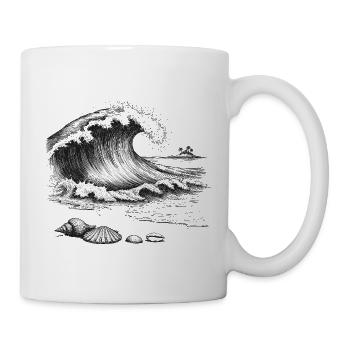Grosse vague océanique avec île à palmiers et coquillages - Mug blanc - blanc - Droite