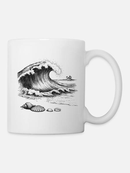 Große Ozeanwelle Mit Palmeninsel Und Muscheln - Tasse - Weiß