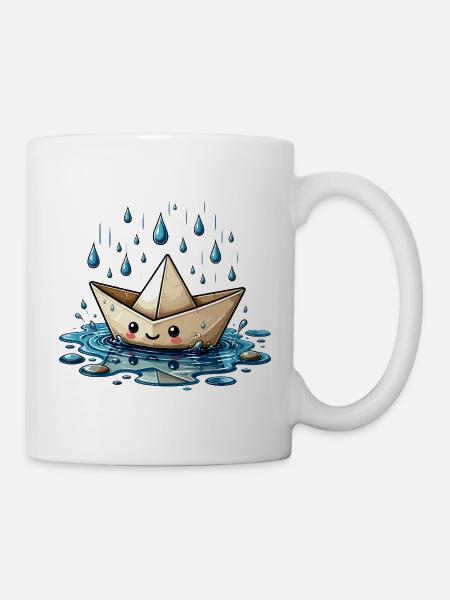 Origami Boot im Regen - Tasse - Weiß