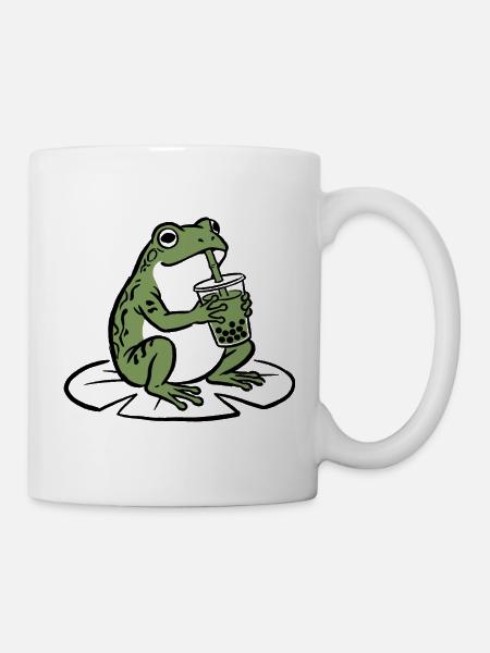 Niedlicher Frosch, der Boba-Tee-Seerosenpad-Illustration trinkt - Tasse - Weiß