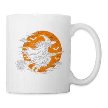 Die Hexe auf dem Besen vor dem Vollmond - Tasse - Weiß - Rechts