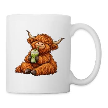 Highland Cattle mit Matcha Latte – Kuhmotiv - Tasse - Weiß - Rechts