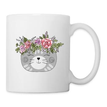 Flower Crown Cat Design - Katze mit Blumenkranz - Tasse - Weiß - Rechts