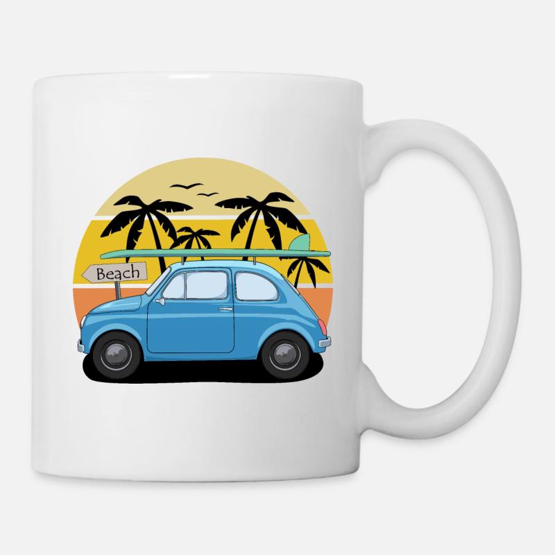Voyage en voiture avec surf board plage rétro - Mug blanc - blanc