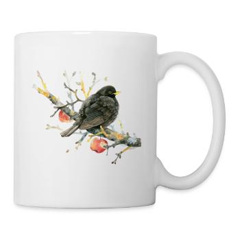 Liebevoll gemalte Amsel auf einem Apfelzweig - Tasse - Weiß - Rechts