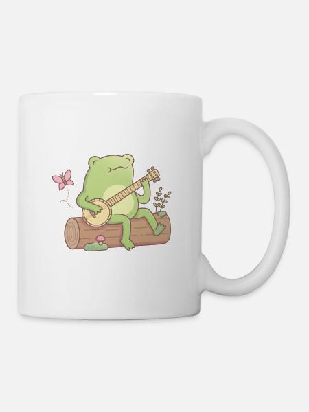 Grenouille mignonne avec banjo sur bûche de bois - Mug blanc - blanc