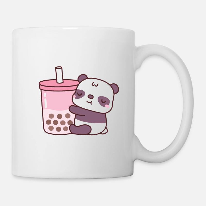 Cute Panda Hugging Strawberry Milk Tea With Boba - Mug - white