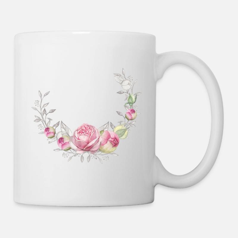Blumenkranz mit Rosen, personalisierbar - Tasse - Weiß