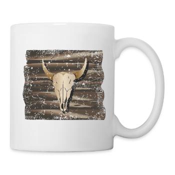 Rustikales Kuhschädel-Design auf Holzplatte - Tasse - Weiß - Rechts