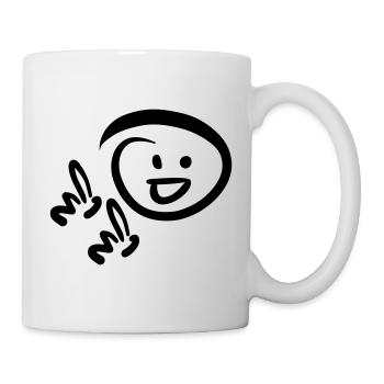 Gesicht lächelt, zeigt mit zwei Fingern auf etwas - Tasse - Weiß - Rechts