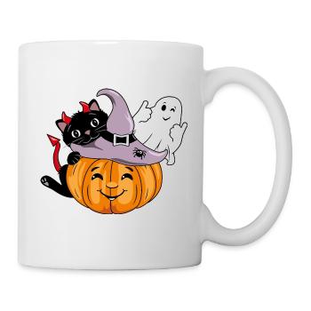 Smiling pumpkin with black cat and winking ghost - Mug - white - Right