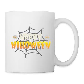Fröhliches Halloween mit Spinnennetz und Totenköpf - Tasse - Weiß - Rechts
