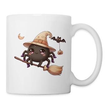 Kawaii Hexen‑Spinne auf Besen – Halloween Shirt - Tasse - Weiß - Rechts