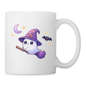 Kawaii Hexen‑Geist auf Besen – Halloween Shirt - Tasse - Weiß - Rechts