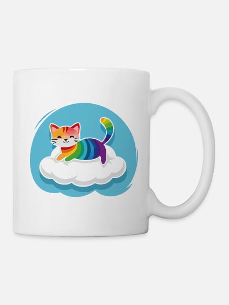 Kunterbunte Katze schwebt auf Wolke (Tag) - Tasse - Weiß