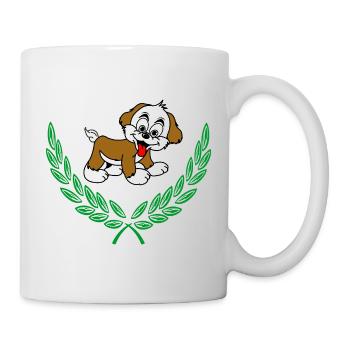 Hund im grünen Lorbeerkranz – Herzlichen Glückwunsch - Tasse - Weiß - Rechts
