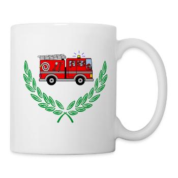 Feuerwehrauto im Lorbeerkranz - Tasse - Weiß - Rechts