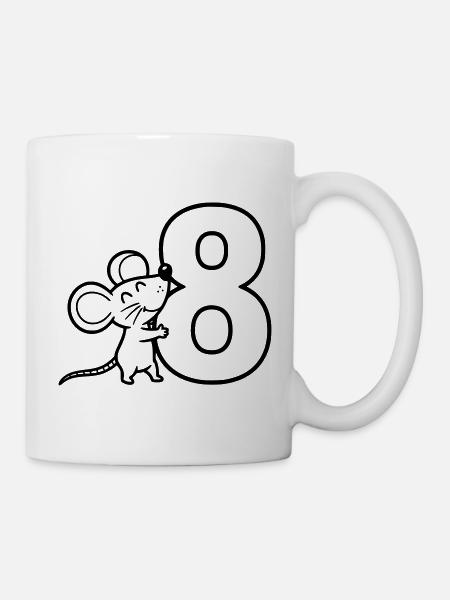 Maus mit Zahl Acht Cartoon Illustration - Tasse - Weiß