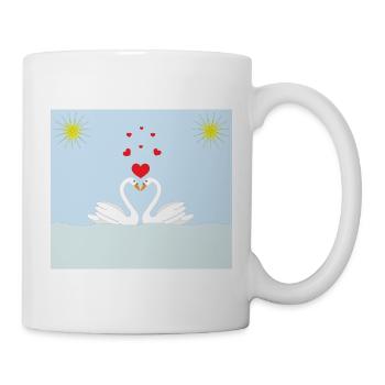 Zwei weiße Liebesschwäne im Wasser und rote Herzen - Tasse - Weiß - Rechts