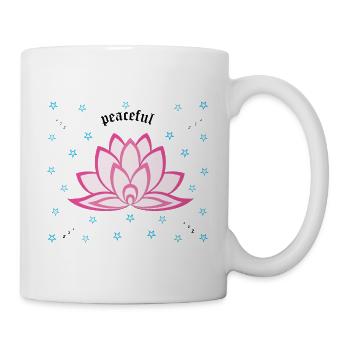 Friedliche rosa Lotusblumenblume, Snooze und blaue Sterne - Tasse - Weiß - Rechts