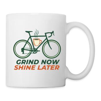 Jetzt grinden, später glänzen, Gravel-Bike, Kaffeekunst, Kunst - Tasse - Weiß - Rechts