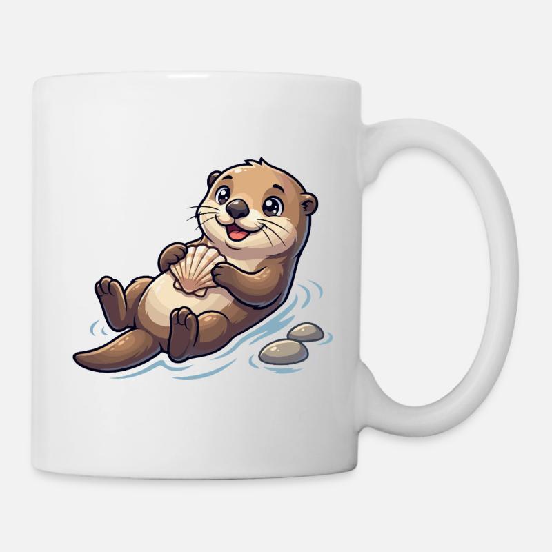 Otter mit Muschel am Strand - Tasse - Weiß