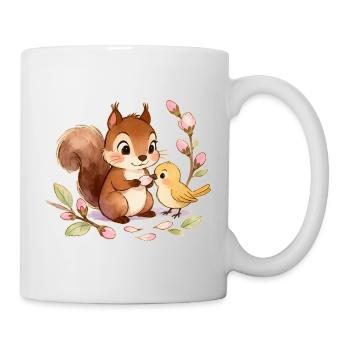 Eichhörnchen und Vogel zwischen Blumen – 🐿🐦 Aquarell - Tasse - Weiß - Rechts