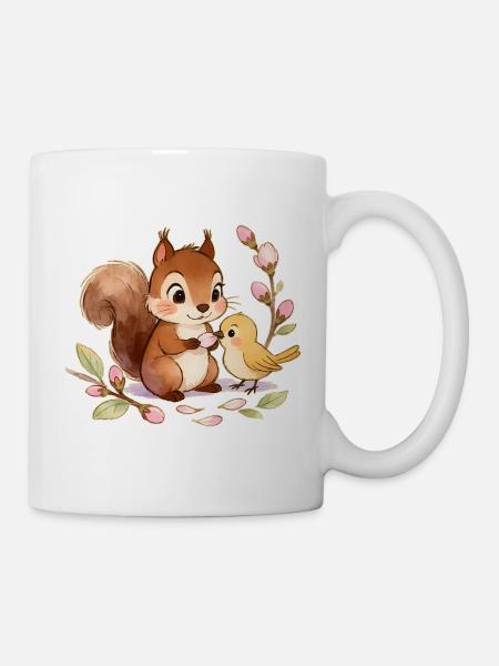 Eichhörnchen und Vogel zwischen Blumen – 🐿🐦 Aquarell - Tasse - Weiß