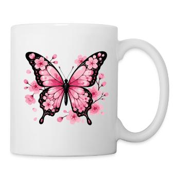Pink butterfly in front of cherry blossoms - Mug - white - Right