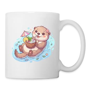 Cute Kawaii Otter Floating with Coconut Drink - Mug - white - Right