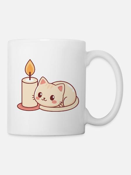 Süße Katze und helle Kerze - Tasse - Weiß