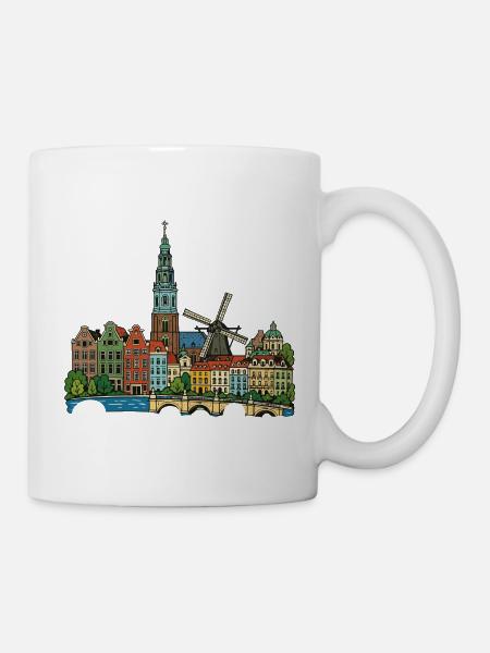 Niederländische Kanalhäuser Windmühlen-Retro-Skizze - Tasse - Weiß