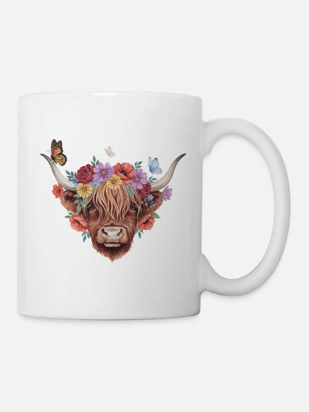 Blumenkranz Hochlandkuh - Tasse - Weiß