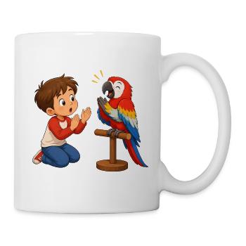 Bunter Papagei klatscht mit staunendem Jungen - Tasse - Weiß - Rechts