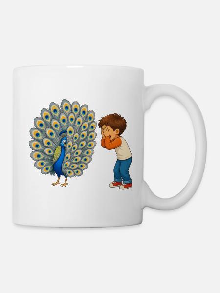 Garçon émerveillé par un magnifique paon aux plumes - Mug blanc - blanc