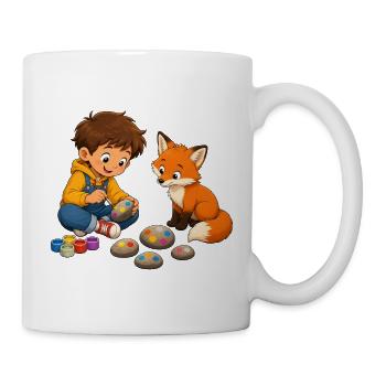 Junge bemalt bunte Steine mit neugierigem Fuchs - Tasse - Weiß - Rechts