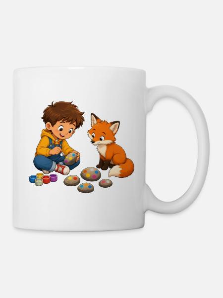 Garçon peignant des pierres colorées avec un renard curieux - Mug blanc - blanc