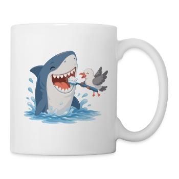 Hai beim Zähneputzen mit Möwe - Tasse - Weiß - Rechts
