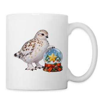 Schneehuhn mit festlicher Zuckerstern-Schneekugel - Tasse - Weiß - Rechts