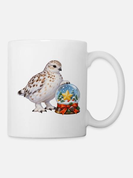 Schneehuhn mit festlicher Zuckerstern-Schneekugel - Tasse - Weiß