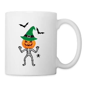 Halloween Skelett mit Kürbis, Fledermaus & Spinne - Tasse - Weiß - Rechts