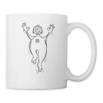 Kurby tanzt auf hellen Produkten, lacht, hüpft - Tasse - Weiß - Rechts
