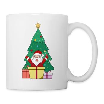 Santa vor Weihnachtsbaum mit Weihnachtsmütze Merry - Tasse - Weiß - Rechts