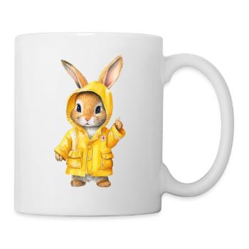 Cute baby bunny in yellow raincoat rain jacket A - Mug - white - Right