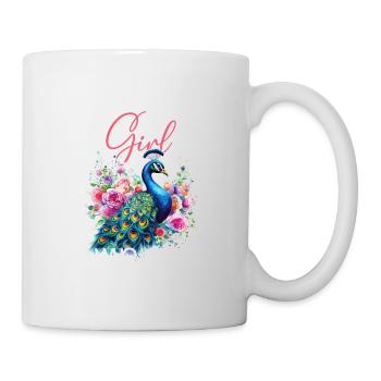 Pfau Blumen Pfauenfeder Exotisch Farbenfroh Bunt - Tasse - Weiß - Rechts