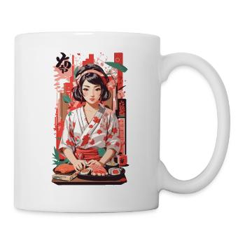 Kawaii Sushi Anime Mädchen Retro Ukiyo-E Stil - Tasse - Weiß - Rechts
