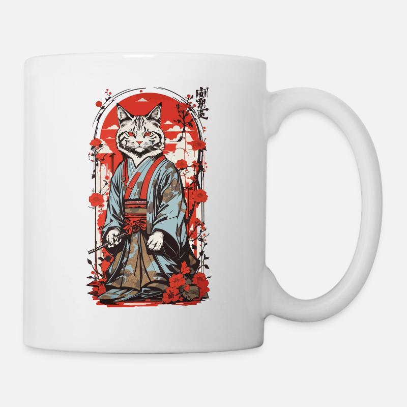 Samurai Katze Japanische Ukiyo-E Katzen Kunst - Tasse - Weiß