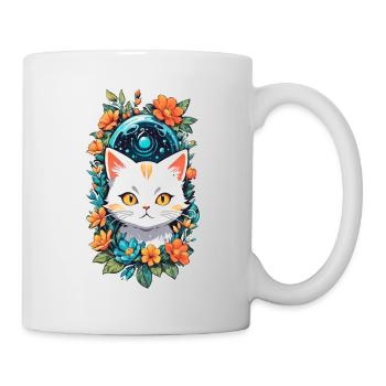 Katze und Blume Aquarell - Tasse - Weiß - Rechts