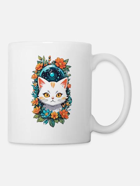 Katze und Blume Aquarell - Tasse - Weiß